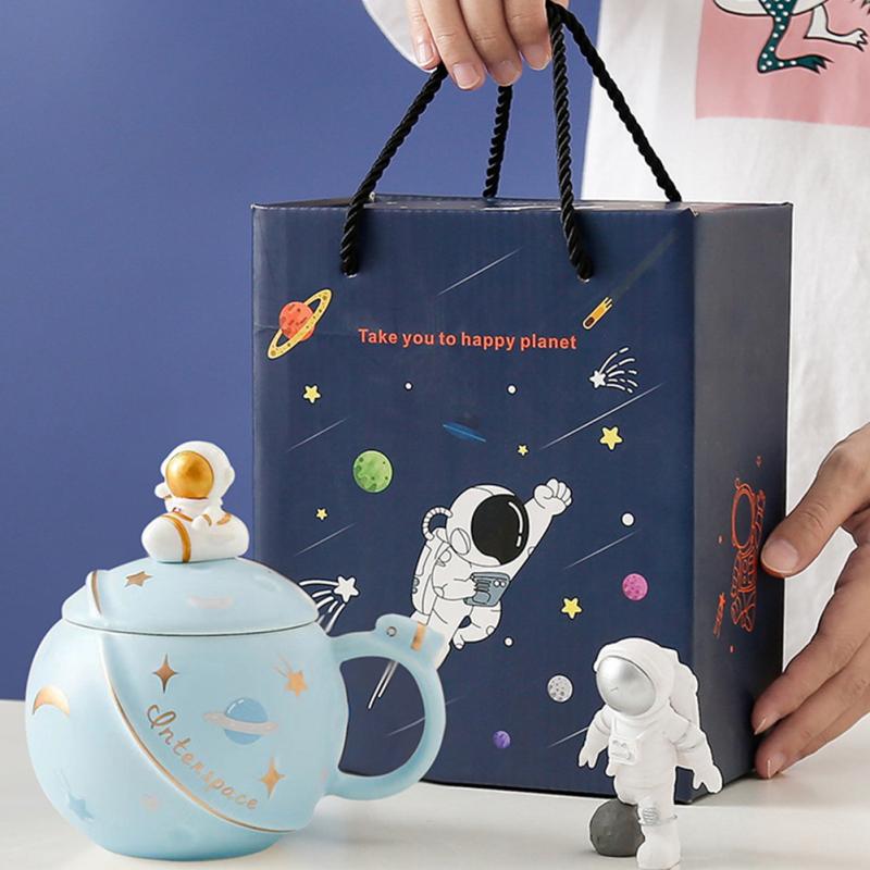 450 ml niedliche Keramik-Astronauten-Tasse, große Kapazität, Cartoon-Wassertasse mit Deckel, Löffel für Kaffee, Tee, Milch