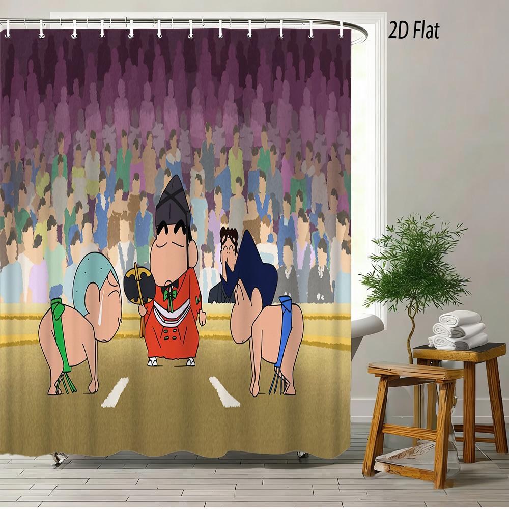 Crayon Shin-Chan Cheese & Shiro 2D Print Waterproof Shower Curtain, Cute Cartoon Bathroom Decor With Hooks