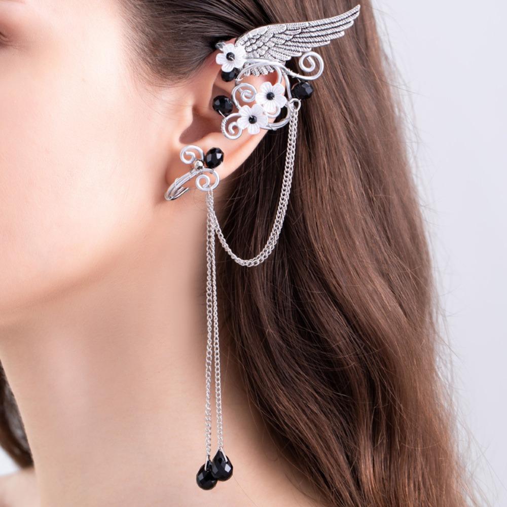Left Ear Right Ear Zinc Zinc Alloy Elf Ear Clip Crystal Long Tassel Earrings Wings Ear Cuff Cosplay Jewelry
