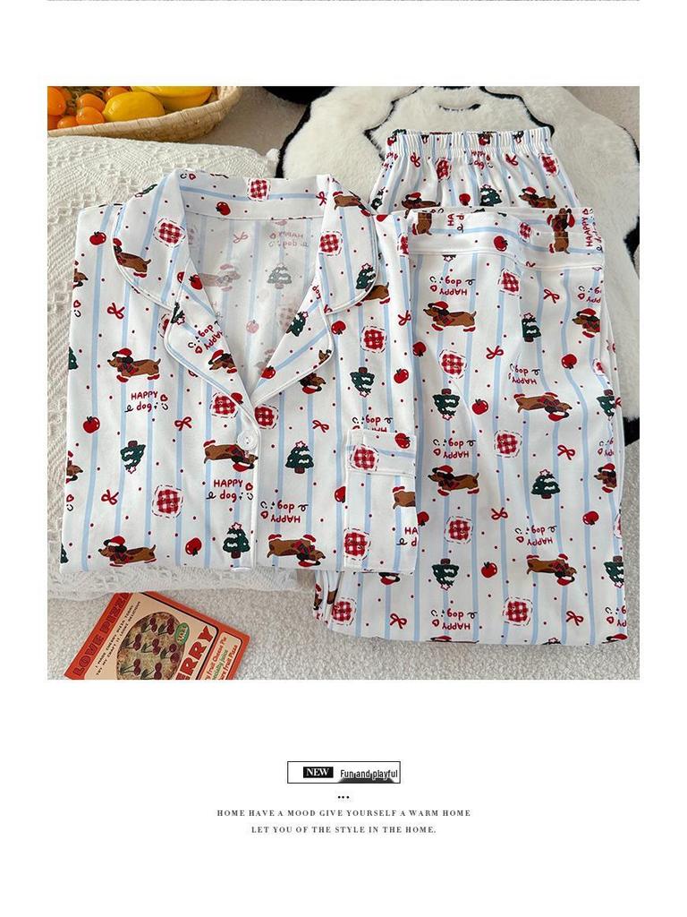 Set Pijama de Damă Dachshund Desen Animat cu Buline și Dungi - Mânecă Scurtă, Stil Coreean, Articole de Casă din Trei Piese.