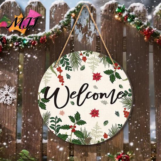 Waterproof Holiday Porch Sign Christmas Hanging Sign, Round Wooden Welcome Cute Dog Gingerbread Front Door Man for Wall Decor
