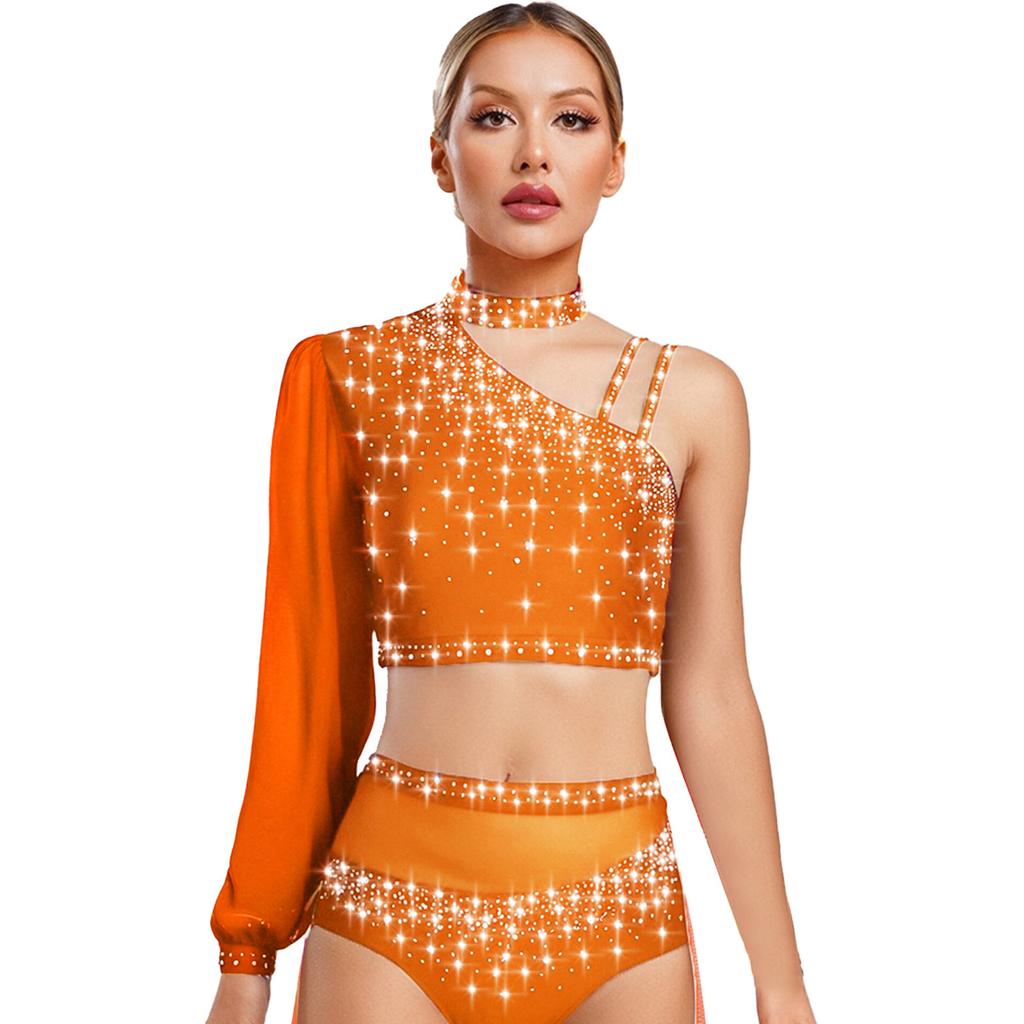 Damen Zeitgenössischer Tanz Top Asymmetrisch Transparentes Mesh Langarm Buntes Strass Crop Top