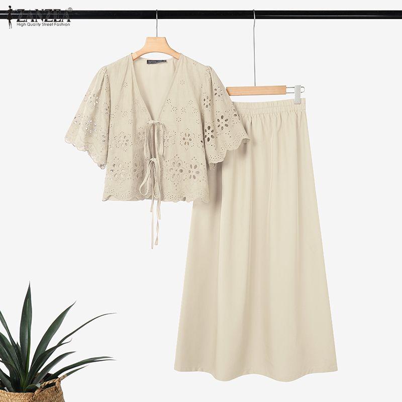 ZANZEA Damen Kurzarm Häkelbluse und Röcke Sommer Zweiteiler Anzugsets