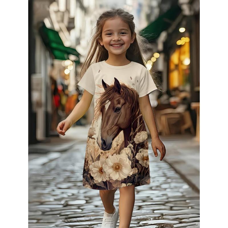 Children's Clothing Girl Cute Funny Animal Horse 3D Printed Graphic Summer Dresses Comfortable Crew Neck
