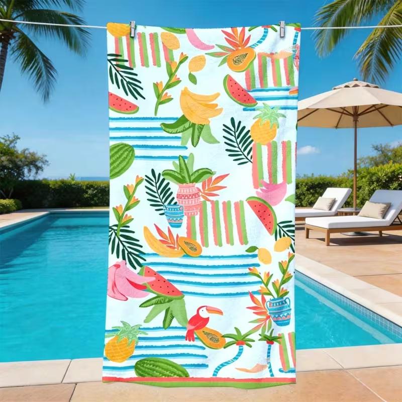 Tropical Fruits Toucan Palm Leaf Striped Beach Towel Soft Quick Dry Sandproof Towel Summer Beach Pool Vacation Swim