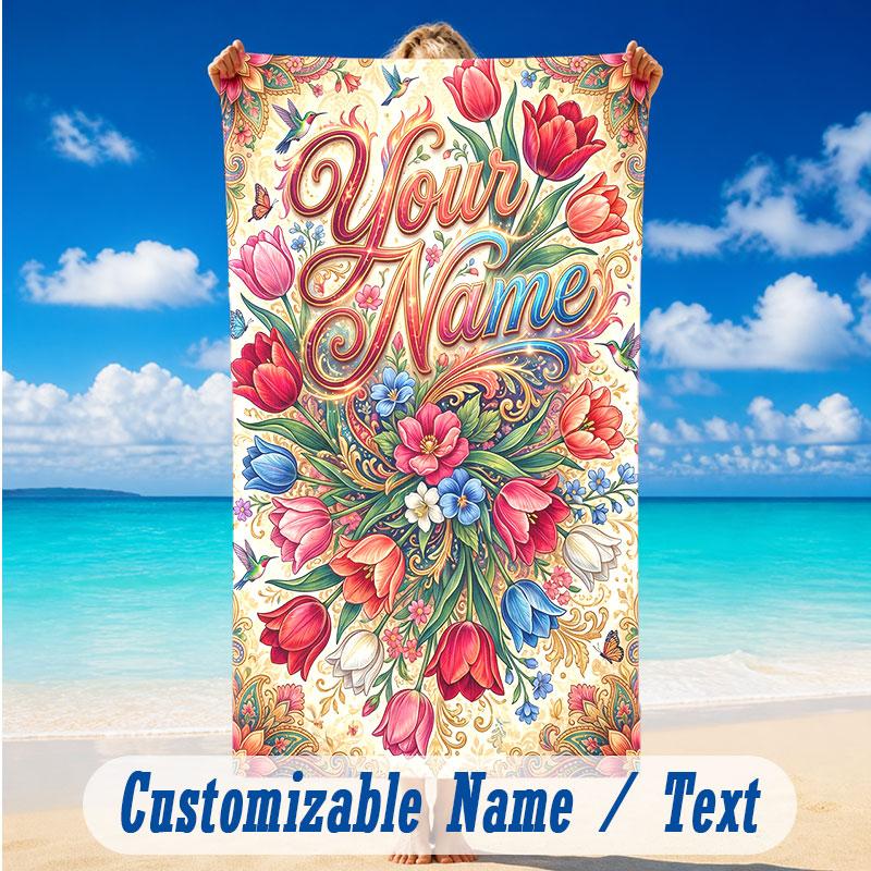 Floral Garden Theme Beach Towel Personalized Custom Name & Text Soft Quick Dry Beach Towel for Swimming Travel