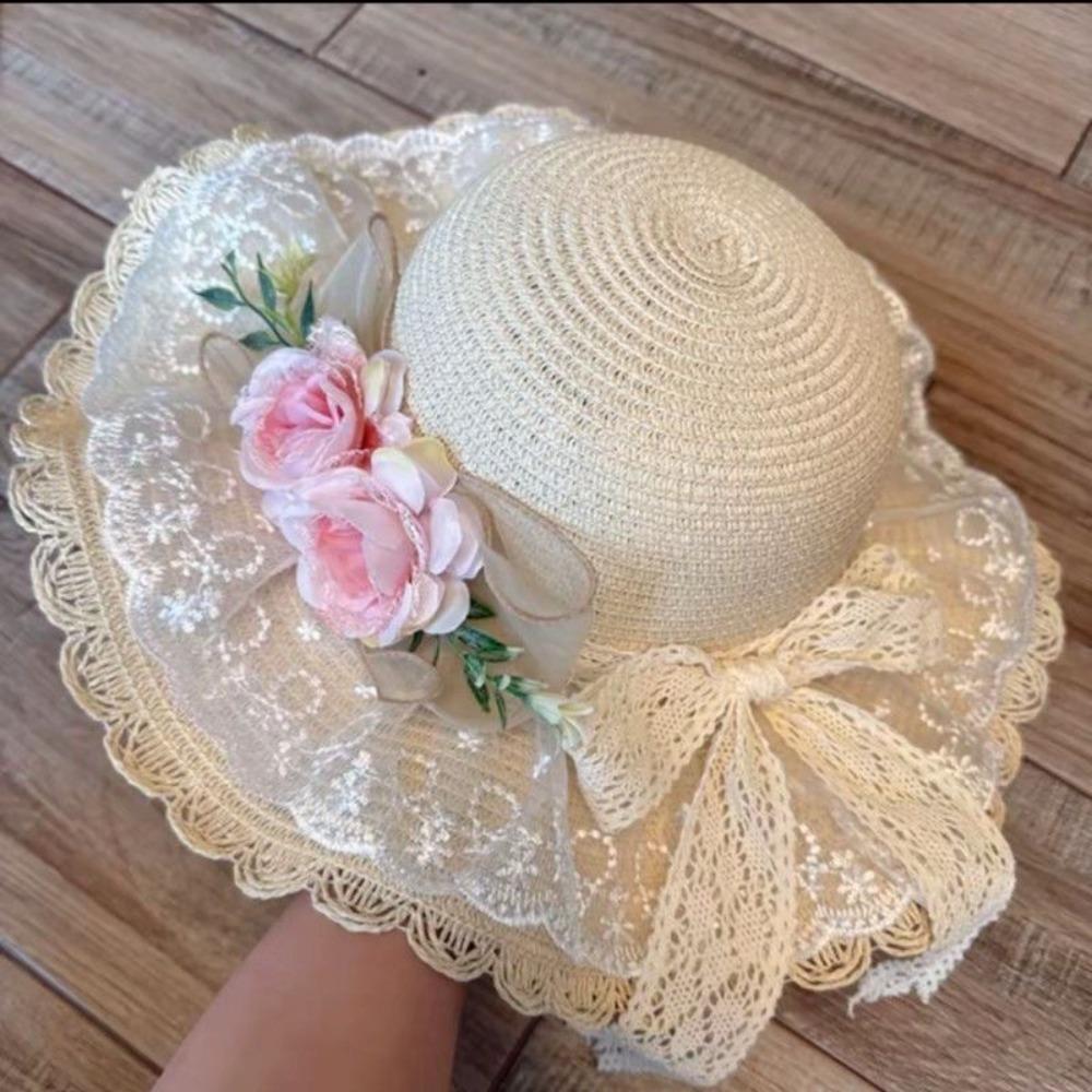 Fashion Lace Bow Sun Hat Adjustable Lace Ruffle Wide Brim Hat Breathable Straw Fisherman Cap Sun Protection