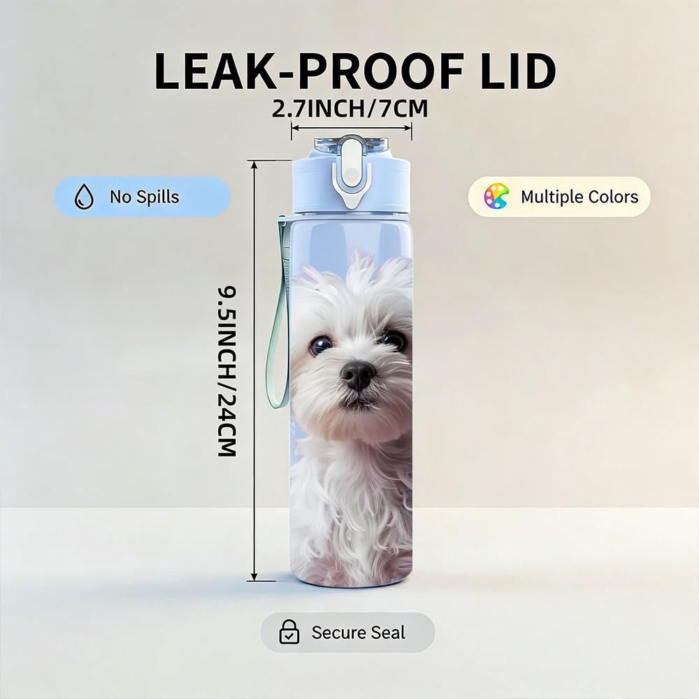 1PC White Fluffy Puppy Dog Print 750ml Color Plastic Sports Water Bottle Leakproof Flip Straw Lid Suitable for Sports Office Home Use