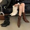 Rich and Noble, Pointed-toed Heel Pleated Short Boots 2025 New European and American Versatile Elastic Thin Medium Tube Stacking Boots Women