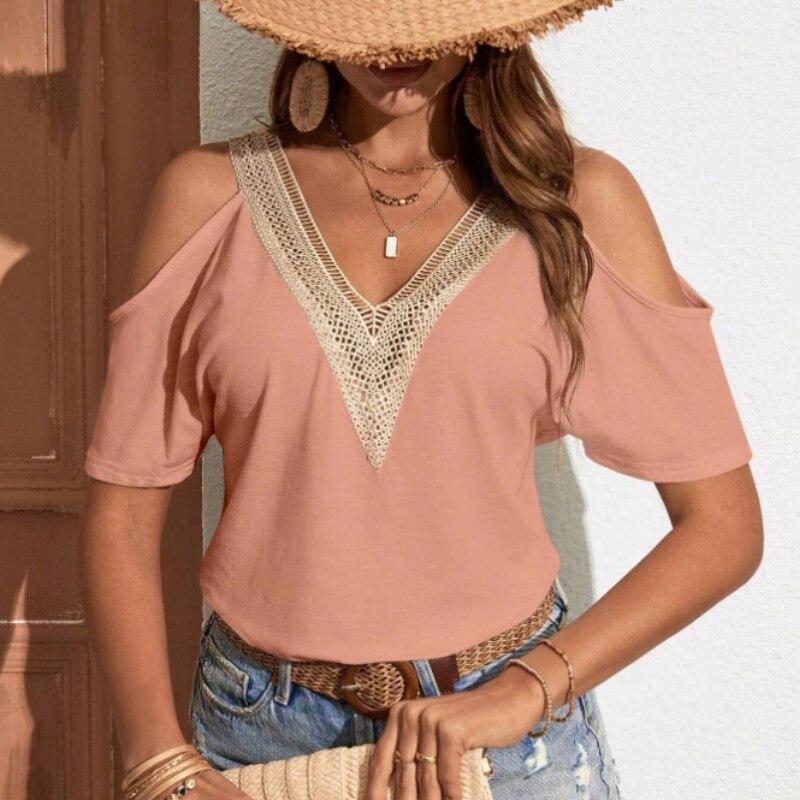 

Повседневная блузка с открытыми плечами и v-образным вырезом, женская летняя одежда 2023, полые свободные элегантные женские рубашки, однотонные топы с короткими рукавами 28014 XL розовый
