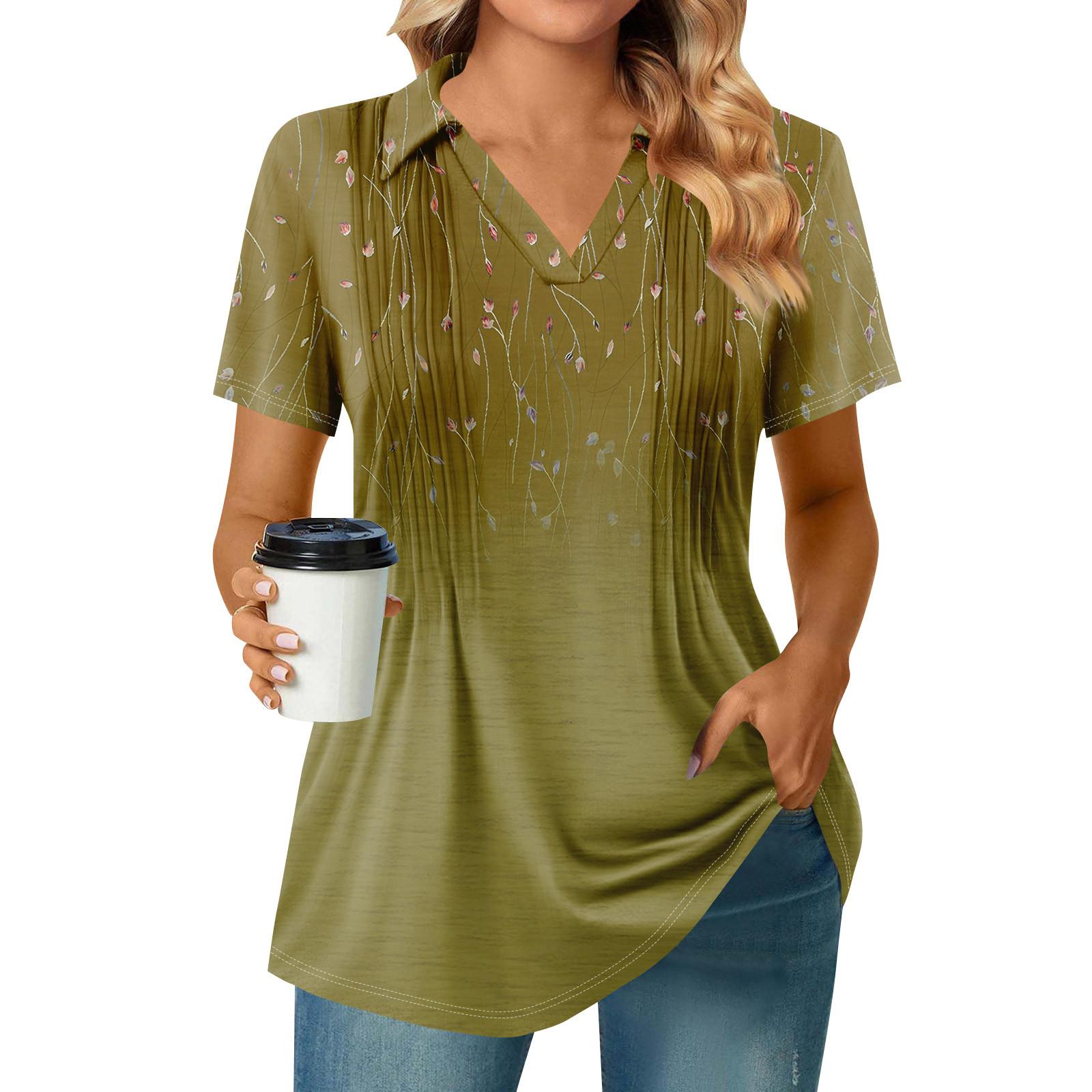 

Женские футболки с коротким рукавом, плиссированные, с V-образным вырезом, с принтом, с воротником, летние топы, модные, деловые, повседневные, рабочие M