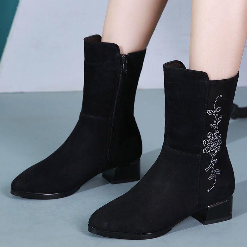 Fashion Middle Heel Fleece-Lined Half High Boots for Women Winter Rhinestone Mid Calf Shoes Woman 2025 Novelty Y2k Cosplay New Rock Boot