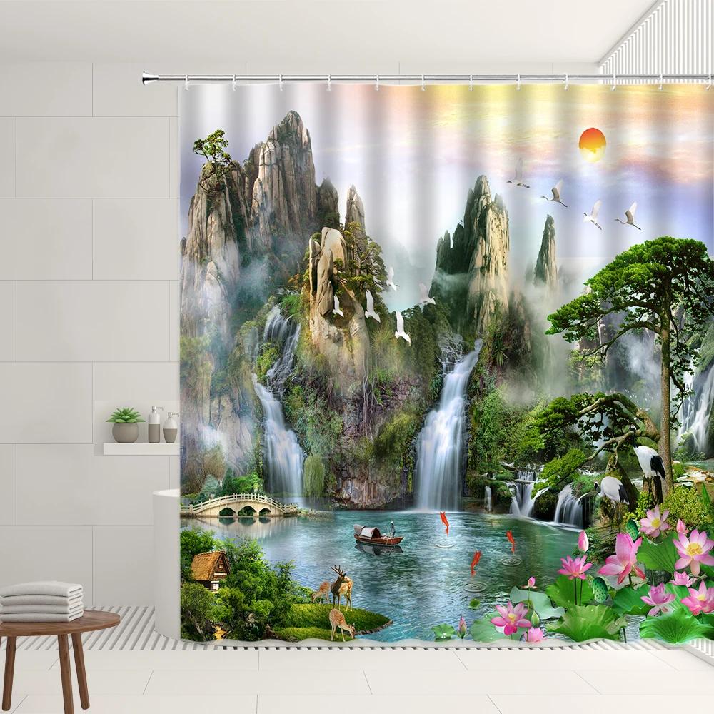 Chinese Landscape Shower Curtain Sets Mountain Waterfall Sunrise Flower Plant Residence Decorations Bathtub Screens With Hooks