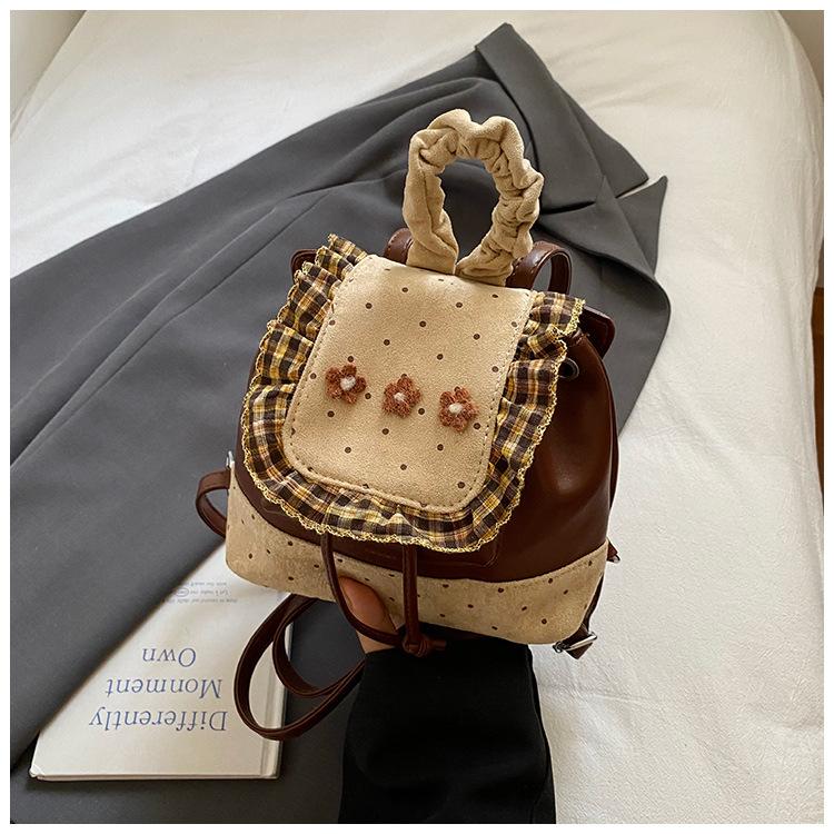 

2025 новый милый рюкзак в горошек, ретро, в иностранном стиле, с цветочным принтом, дорожный рюкзак в студенческом стиле, сумка для通勤 коричневый