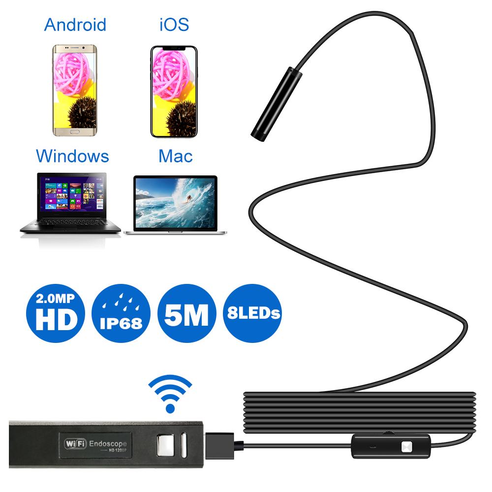 WIFI Endoscope Camera HD 1200P Mini Waterproof Soft Cable 2.0 Megapixels Inspection Camera 8mm