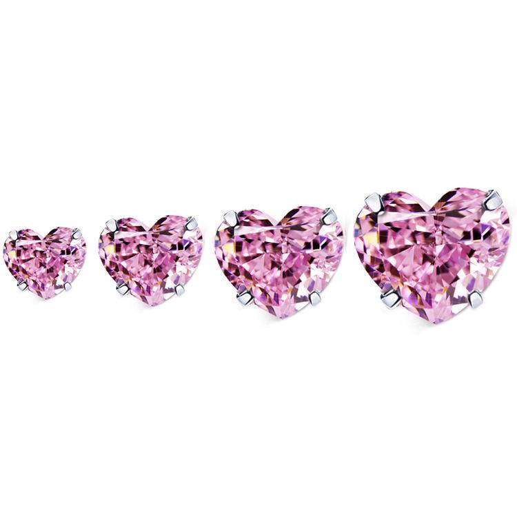 S999 Silver Pink Heart Zircon Earrings: Simple, Versatile Screwback Bone Studs with Sparkling Diamonds