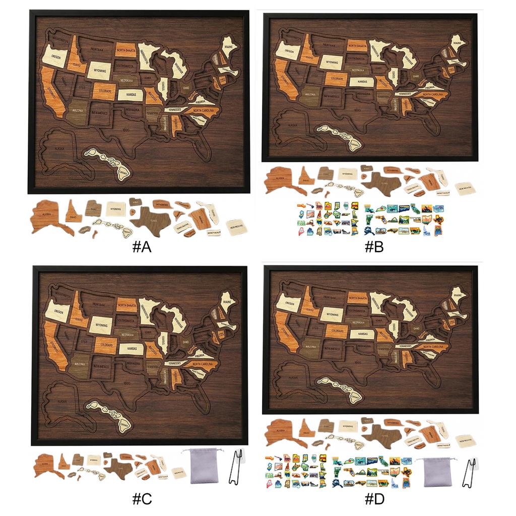 12 X 10Inch Wooden United States Map Puzzle with Elements Sticker & Pins for Home Kitchen Office Couples and Families Gift