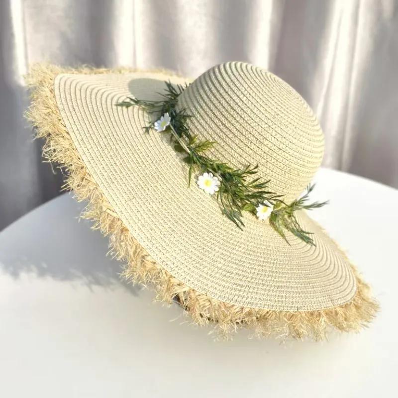 WTEMPO Solid Color Elegant Flowers Sun Hats Women Spring Summer Wide Brim Outdoor Breathable Foldable Beach Sunscreen Hats