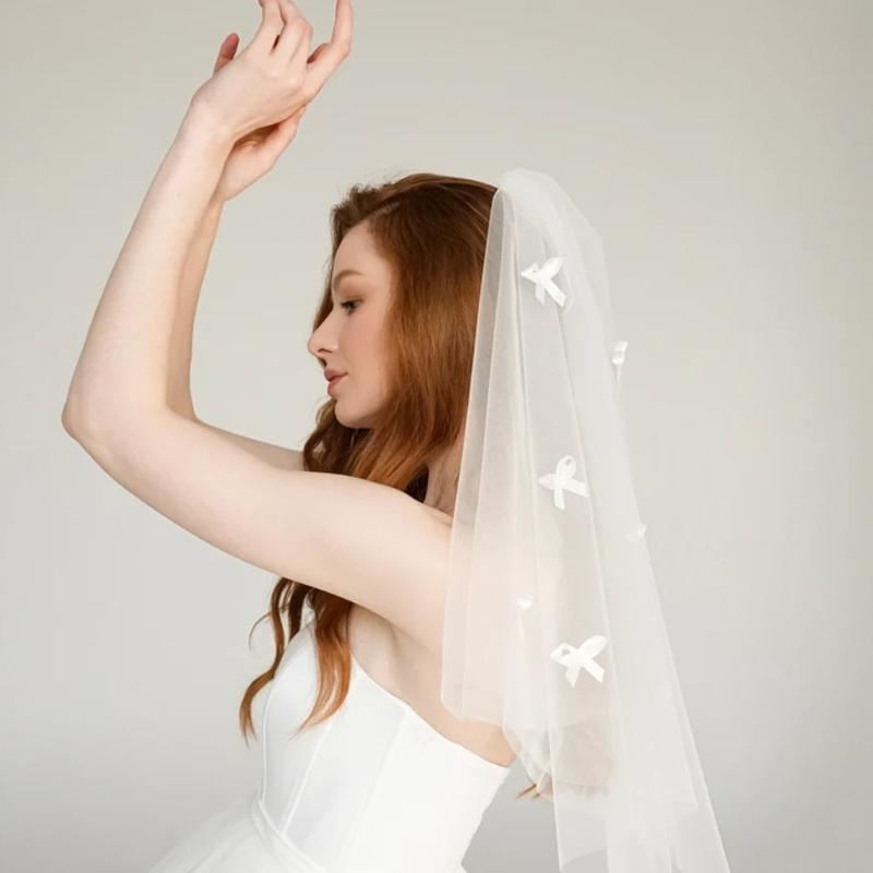 Elegant Short Wedding Veil With Comb White Tulle Bridal Veils With Bowknot Decoration Headpieces For Wedding Party