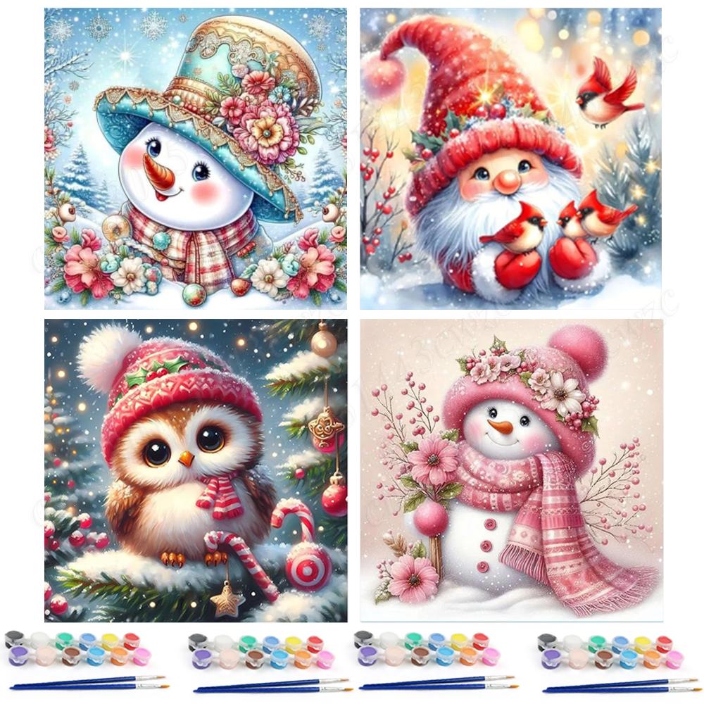 4pcs DIY Christmas Snowman Oil Painting Kit on Canvas 7.87x7.87inch Without Frame Painting by Numbers for Adults Wall Home Decor