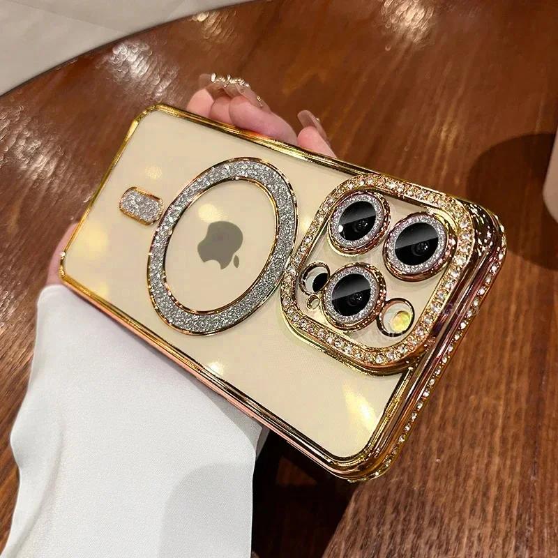 Fashion Crystal Diamond Magnetic Clear Case For iPhone 16 15 14 13 12 11 Pro Max 16 Plus Magsafe Wireless Charge Silicone Cover