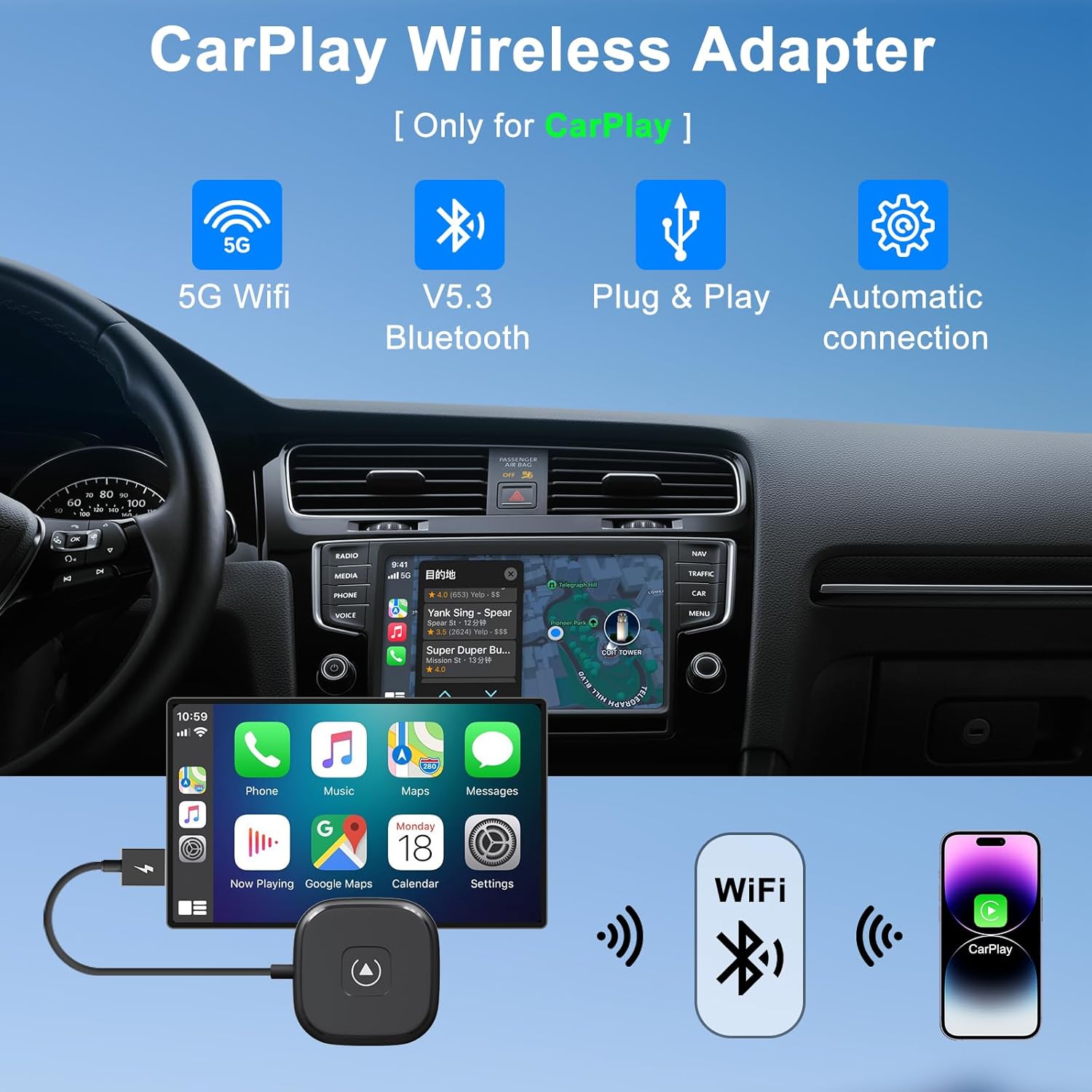

Wireless CarPlay Adapter, CarPlay Wireless Adapter, Compatible with Cars from 2016 & iPhone iOS 10+, Black Car Play Dongle Plug-and-Play, 5GHz WiFi