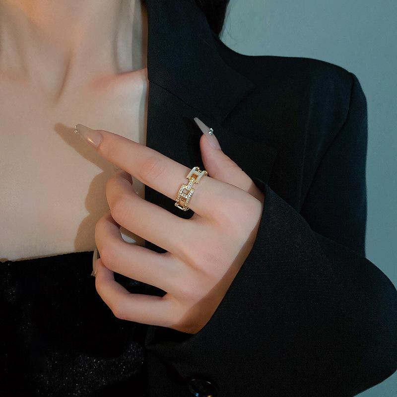 Elegant Enamel Drip Glaze Diamond H Ring: Adjustable High-End Geometric Women's Fashion Accessory