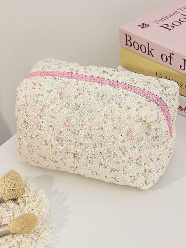 Floral Heart Print Cotton Makeup Bag For Women Travel Large Capacity Cosmetic Storage Bag Wash Pouch Student Stationery Pen Bag