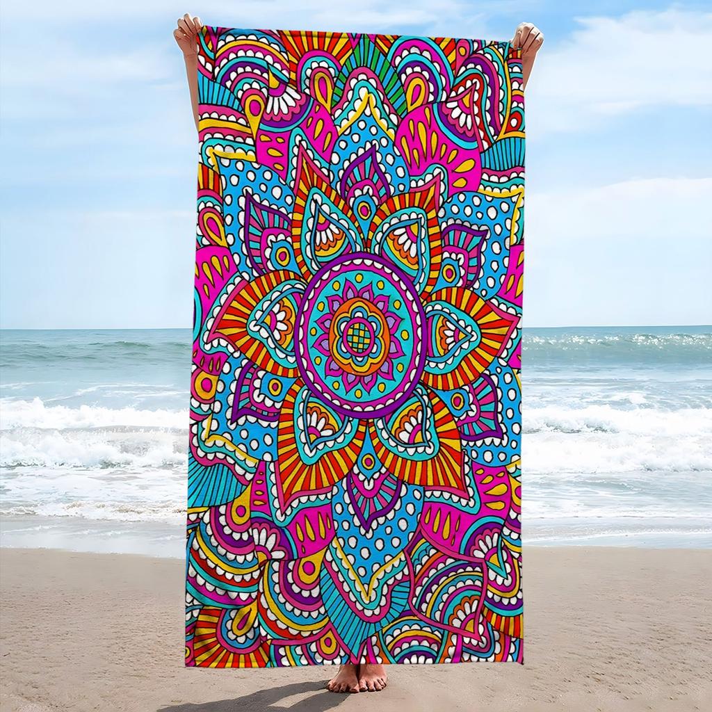 1 Pack Large Bohemian Mandala Beach Towel Suitable for Summer Swimming Pools, Soft Absorbent Microfiber with Bright Mandala