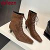 Fashion Pointed Toe Ladies Modern Ankle Boots Female Heels Footwear Flock Fashion Lace Up Elegant Women Short Boots Shoes Pumps lady