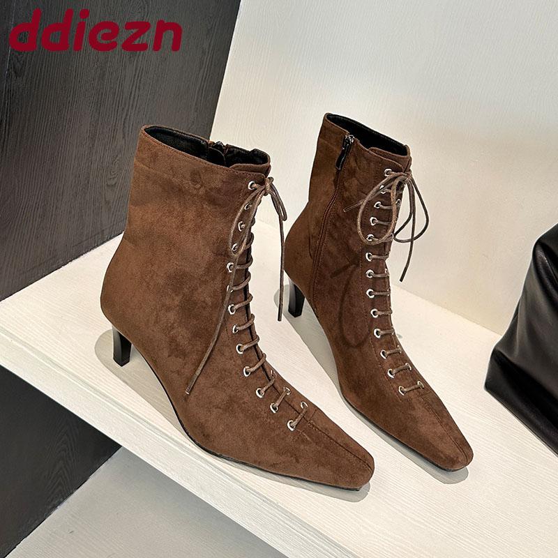 Fashion Pointed Toe Ladies Modern Ankle Boots Female Heels Footwear Flock Fashion Lace Up Elegant Women Short Boots Shoes Pumps lady