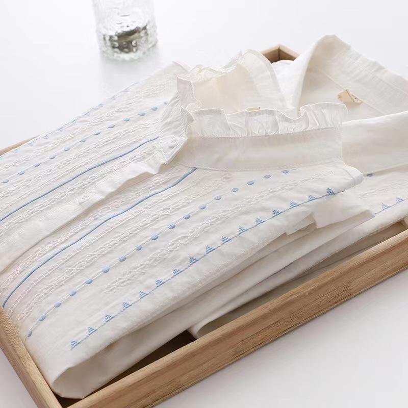 Embroidery Art Jacquard Cotton Long Sleeve Shirts Women Autumn New Lace White Blouse Ladies Loose Casual Blouses and Tops