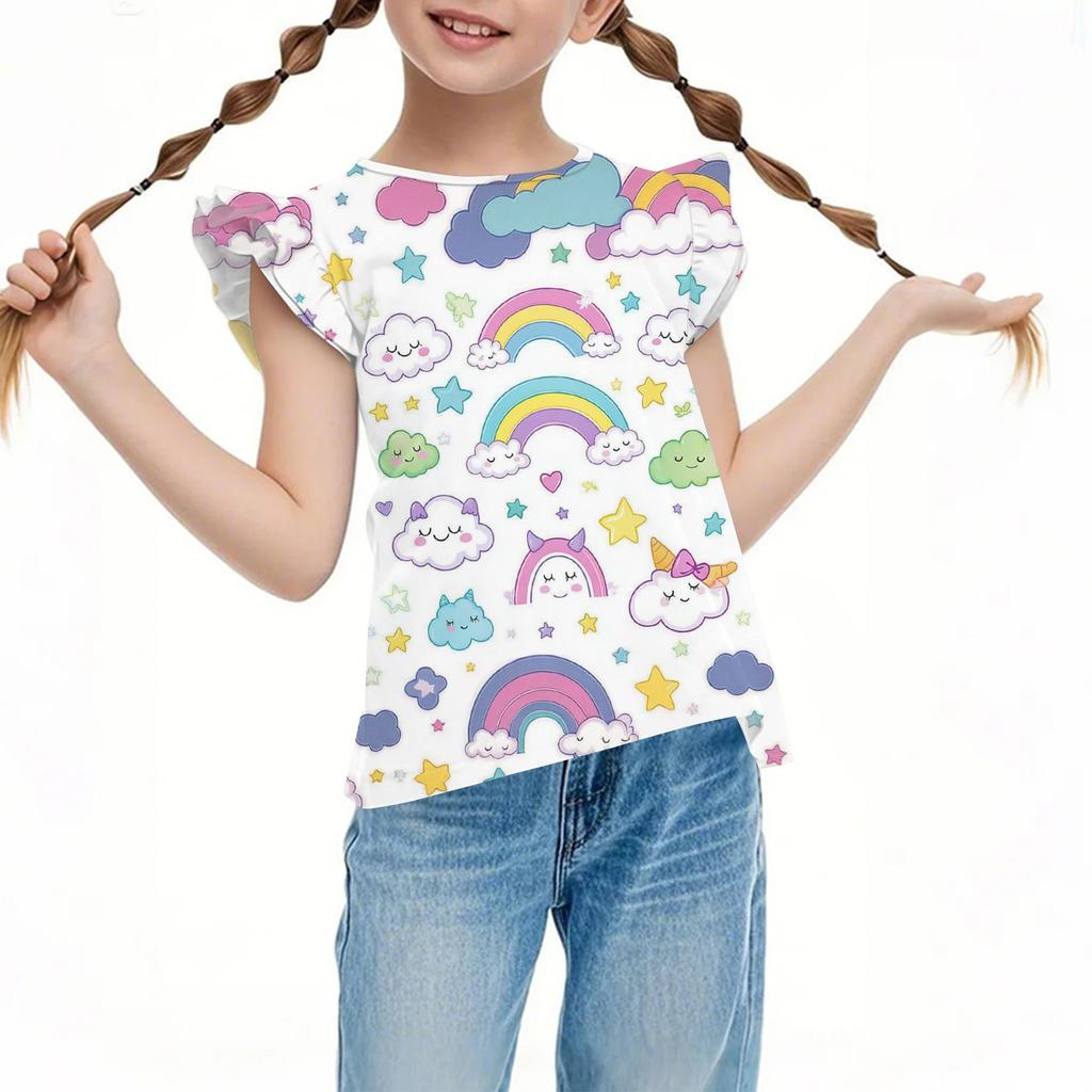 Children's Casual Short-Sleeved Pleated Cute Printed Round-Neck Solid-Color Top