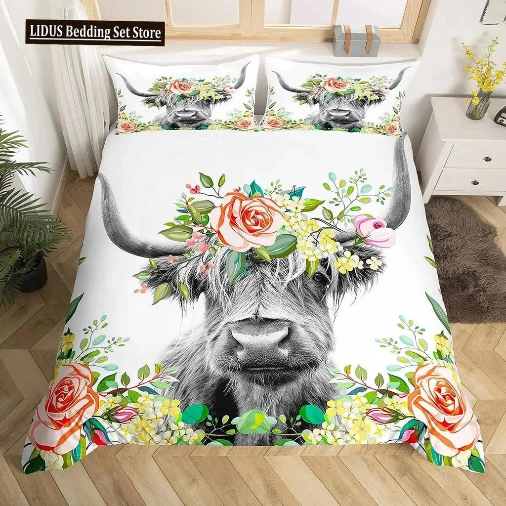 Highland Cattle Påslakanset Sött Blommigt Ko Dubbelt Sängklädesset Gul Solros Täcke Djur Polyester Quiltöverdrag