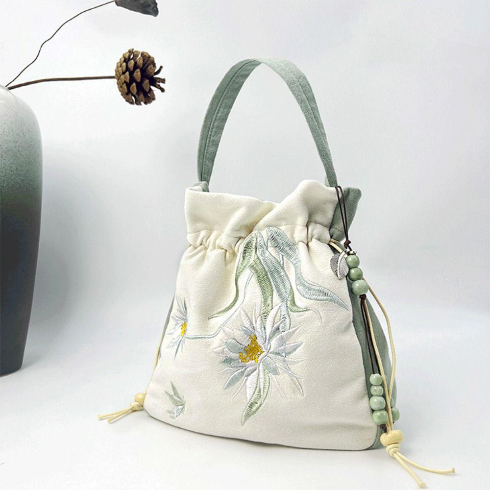 Ethnic Embroidery Drawstring Bag Silk Satin Shoulder Bag Chinese Ancient Crossbody Bag