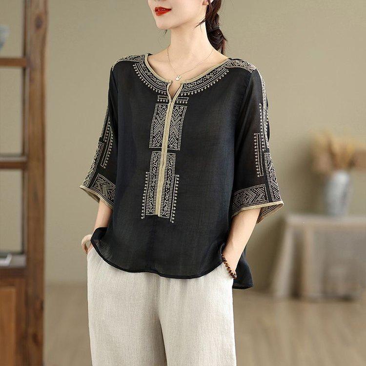 Elegant Chiffon Top: Popular Chinese Style Mid-Aged Women's Five-Point Sleeve Printed T-Shirt