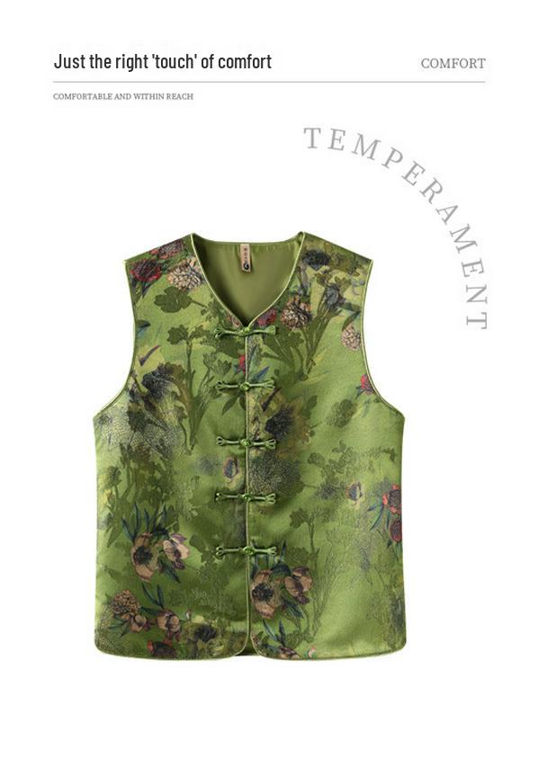 Mom's Vintage Chinese Frog Button Print Vest – Sleeveless V-Neck Cardigan