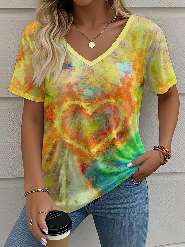 Sommer Damen T-Shirt Liebe Aufdruck Outdoor Retro Mode Lässig Oversized V-Ausschnitt Kurzarm Damenbekleidung
