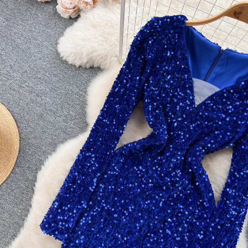Winter Chic Sequin New One Piece Dress V-neck Long Sleeve Sexy Club Dresses Female Korean Fashion Vintage Evening Party Dress 2024