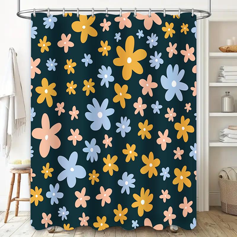 Beautiful Floral Shower Curtain Set Blue, Yellow Pink Flowers on Dark Green Background Perfect for Bathroom Decor