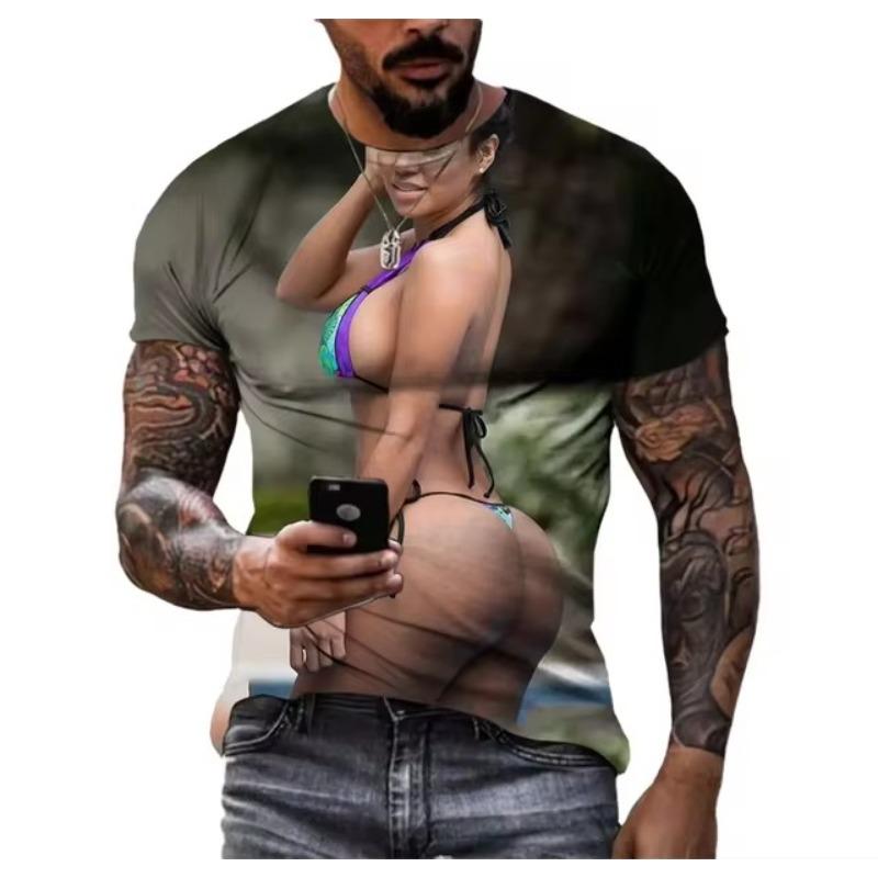 Sommer Kreative Sexy Schönheit 3D Bedrucktes T-Shirt Mode Übergroßes Rundhals-Lässiges Kurzarmhemd Für Herren