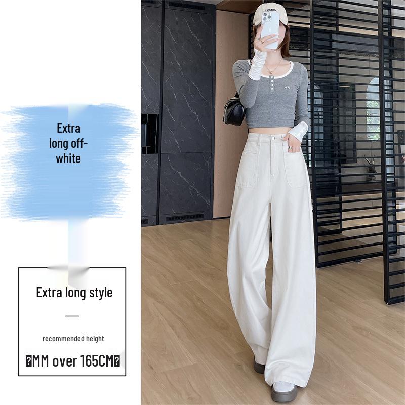 Women's Off-White Washed High-Waist Wide-Leg Jeans - Slimming, Versatile, Straight-Leg Casual Autumn Pants