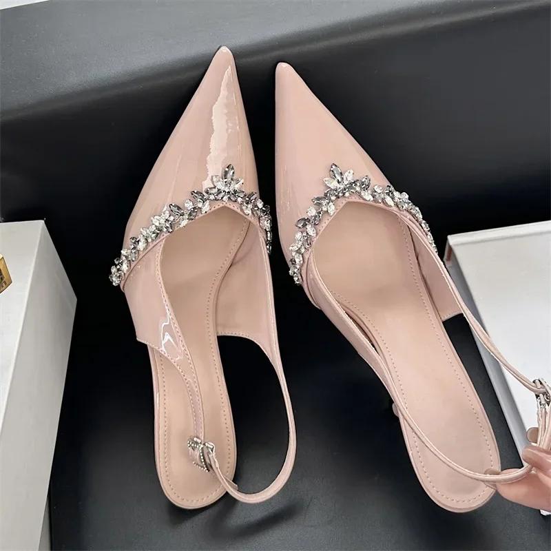 

Luxury Rhinestone Buckle Strap Women Pumps Sexy Pointed Toe Thin High Heels Fashion Slingbacks Heels Sandals Party Prom Shoes 35 абрикосовый