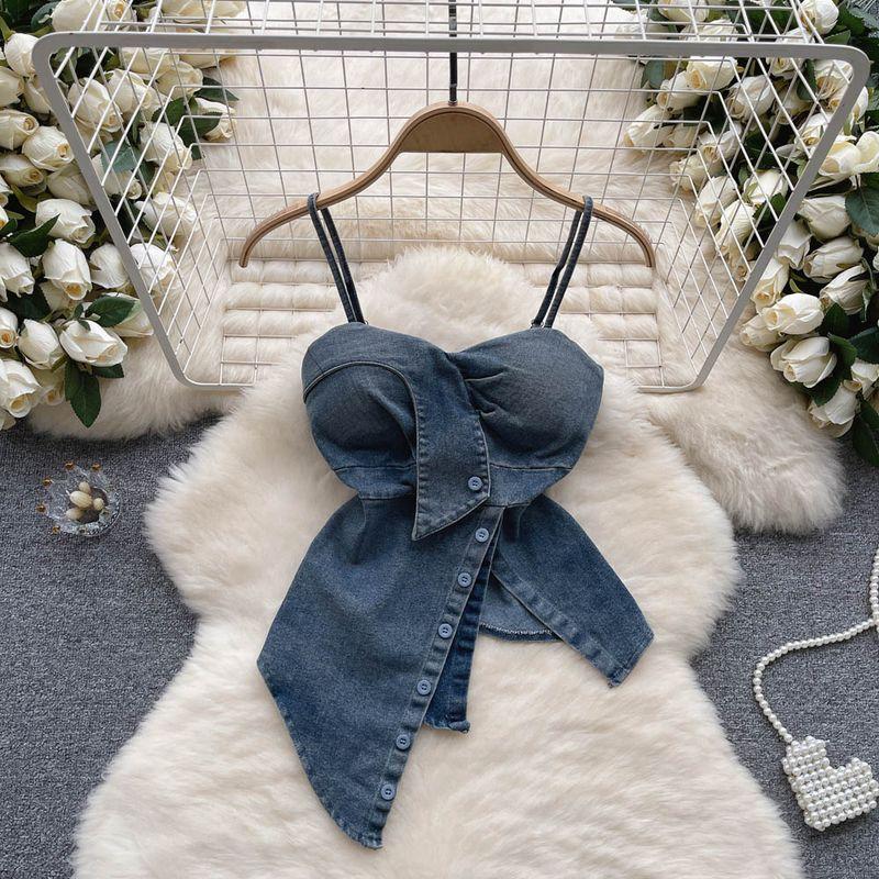 

Denim Vest Women s Summer Retro Waist-Controlled Tube Top Blue One size