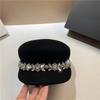 Chic Elegant Winter Wool Felt Luxury Large Shiny Rhinestone Flowers Chain Lady Octagonal Hat Women Visors Cap