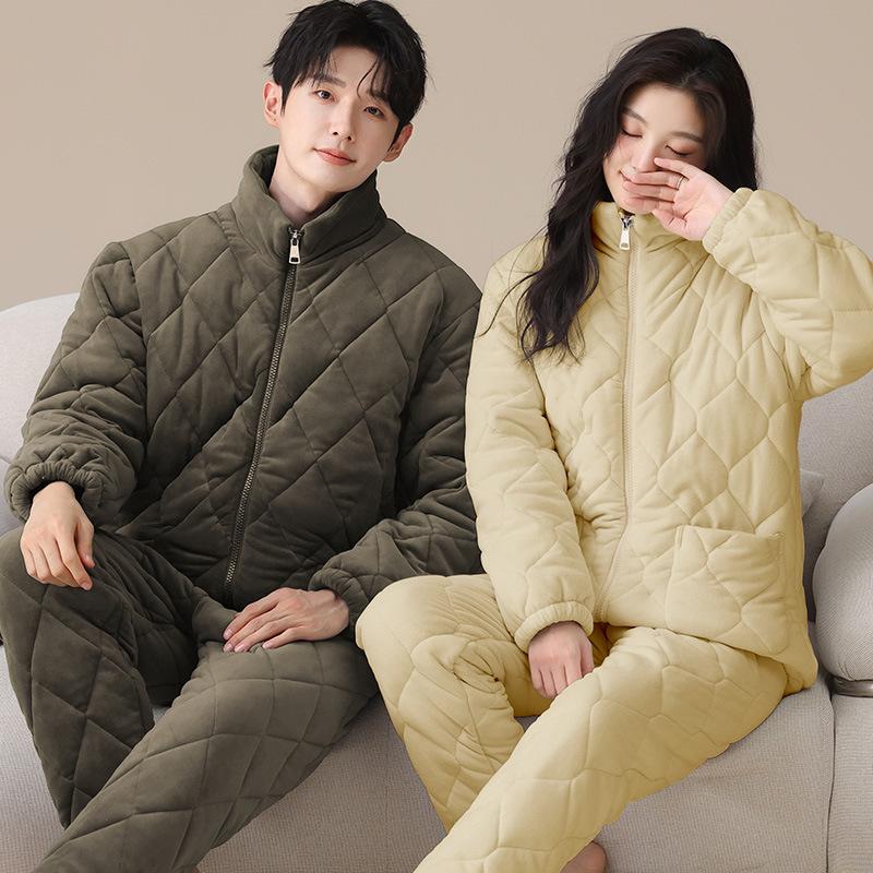 Couple Pajamas Winter Padded Zipper Stand-Up Collar Warm Three-Layer Thickened Velvet Autumn And Winter Models Can Be Worn Outside Loungewear