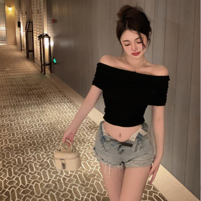 One-word Shoulder Shirt Slim and Thin, Tight Waist Short Top, Sexy Bottoming Shirt Top