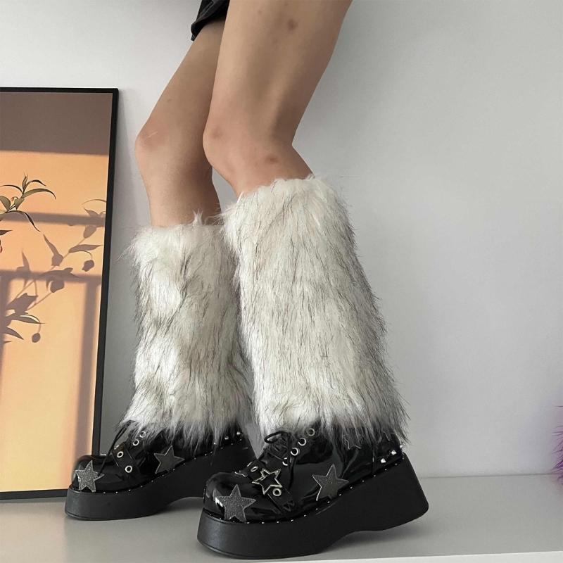 Fuzzy Faux Furs Leg Warmers Furs Heels Long Boots Cuffs Cover Has Elastic One Pair Carnivals Boot Cover Y2K JK Uniform