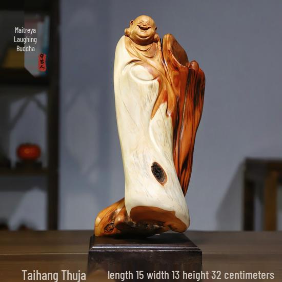 Intaglio Radice di Legno di Cipresso di Scogliera: Ornamento Daruma Maitreya Buddha in Legno Massello in Zafferano Dorato e Legno di Rosa Nanmu.