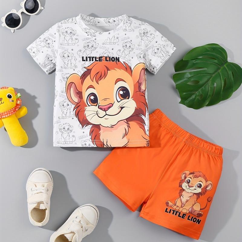 

A Set of European And American Lion Print Round Neck Short Sleeves + Lion Print Shorts Casual Comfortable Sports Suit, for Outdoor 100